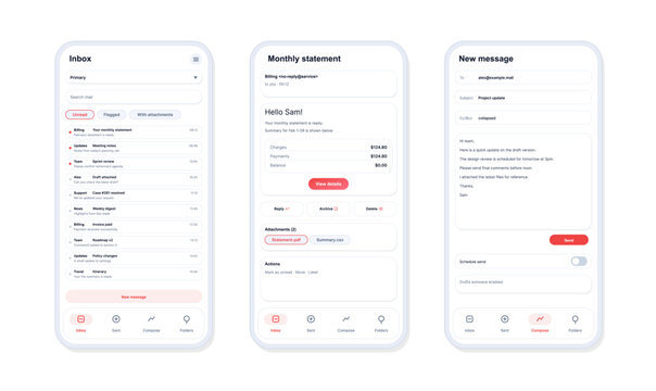 Mobile Email App Interface Screens. Clean smartphone UI mockups showing inbox, message detail, attachments and compose screen for email, communication, productivity. Vector App with UI, UX, Kit