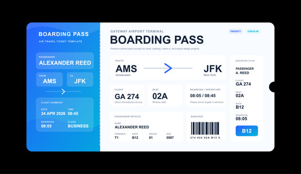 Modern Airline Boarding Pass Ticket Template. Modern airline boarding pass template with route details, passenger info, gate, seat, barcode, boarding stub for airport travel, booking. Vector template