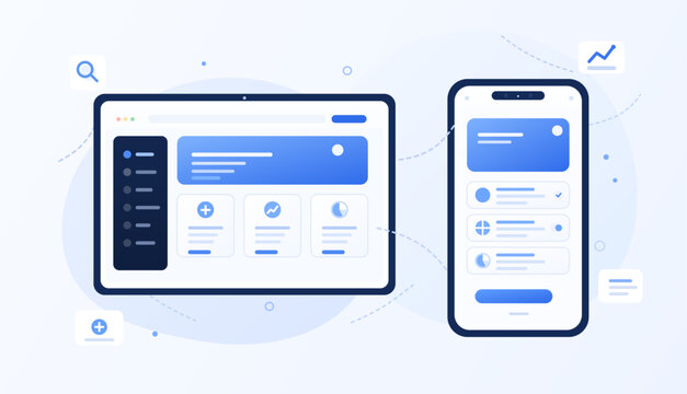 Responsive Web and Mobile App Interface Illustration. Clean blue UI illustration showing desktop dashboard and smartphone app screens with cards, icons and analytics elements. Vector illustration