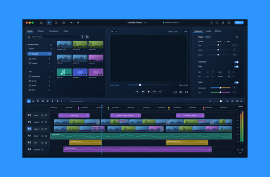 Professional Video Editing Software Timeline Interface. Dark video editor dashboard with media bins, preview monitor, inspector controls, multitrack timeline, audio waves. Vector Video Editing App 