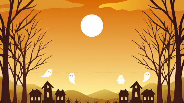 Full moon rising over silhouetted bare trees at sunset