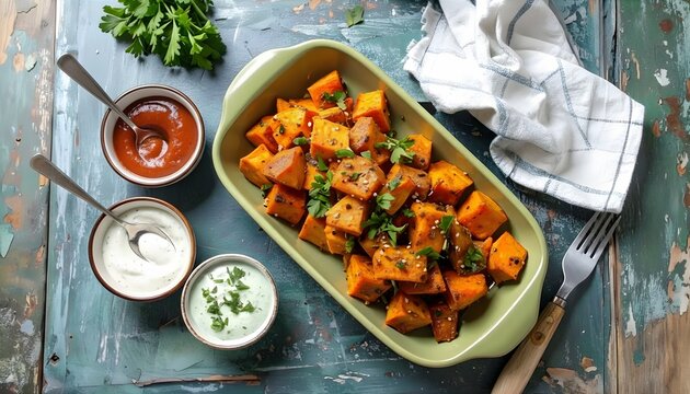 Roasted sweet potato cubes with herbs and three dips.