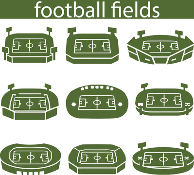 set of shadow icons of football fields in green tones, for social networks, printing or other designs