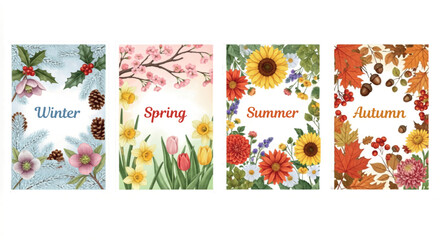 Watercolor four seasons floral card set, seasonal botanical frames for winter spring summer and autumn, elegant nature greeting card vector collection isolated PNG with Transparent Background © Cozirooh.com