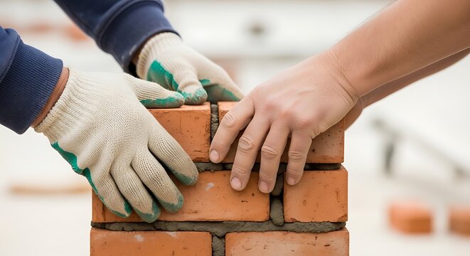 Close up of workers hands building a red brick wall with mortar