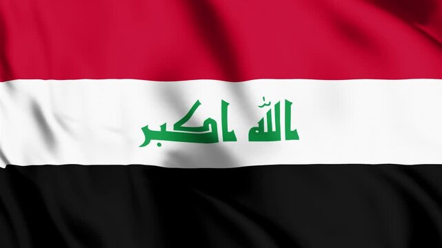 iraq national flag waving smoothly with detailed fabric texture red white black stripes and green script seamless loop animation 4k