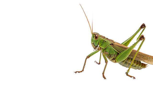 Close-up view of a green grasshopper on a plain background showcasing its details and features  isolated on transparent background	