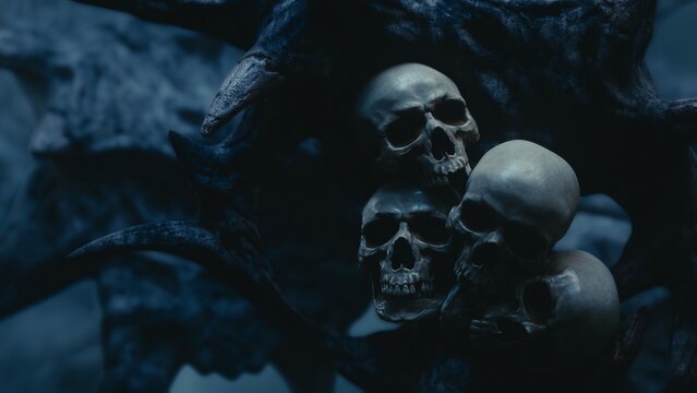 Cinematic 3D rendering of a gloomy witch lair. Close up of grungy human skulls merged with twisted wood with sharp fangs on branches. Distant murky foggy forest blurred background. Dismal atmosphere.