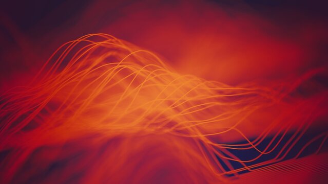 3D rendering with selective focus of glowing abstract red-yellow threads moving in waves, like digital mountains or data charts on a dark background. Macro shot with soft blur. Vibrant energy flow.
