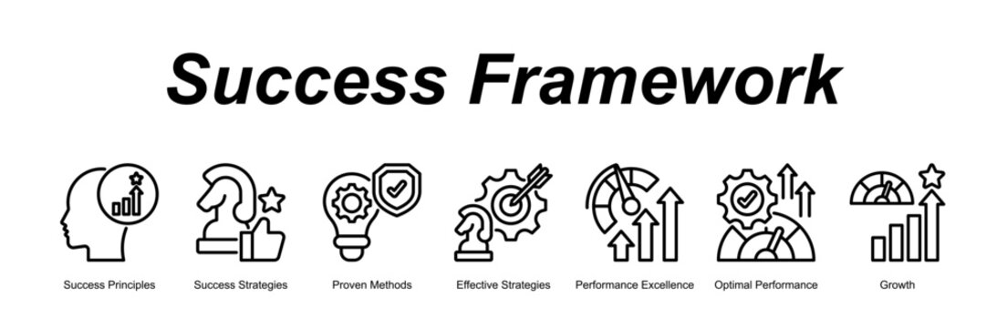 Success Framework banner web icon vector illustration concept with an icon of business with icon of Success Principles, Success Strategies, Proven Methods, Effective Strategies, Performance Excellen.