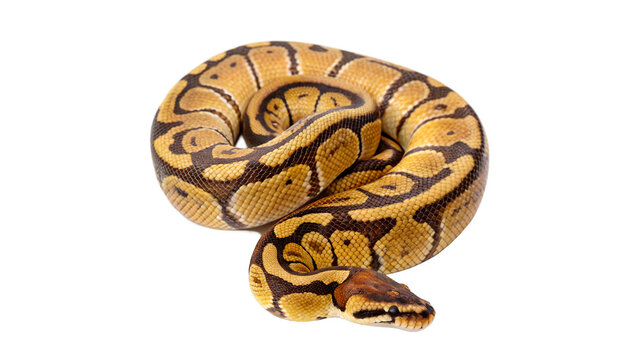 A ball python is curled in a natural position on a white surface  isolated on transparent background	