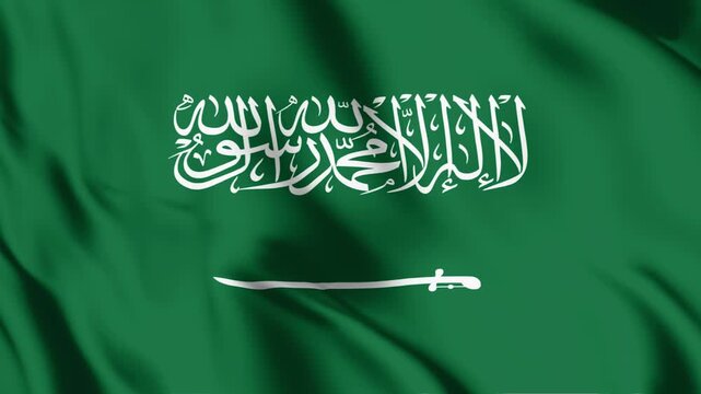 saudi arabia flag looped background animation video 4k with arabic script and sword flowing in wind rich green fabric cinematic motion