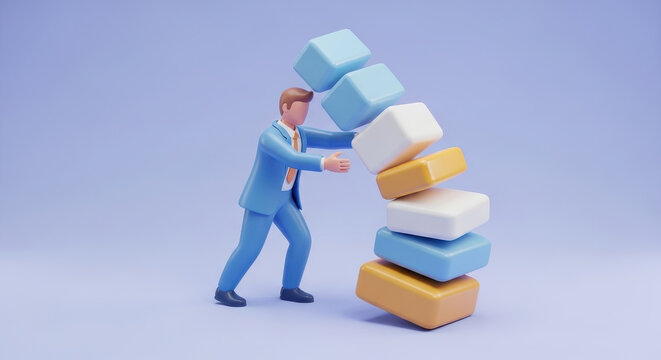 a business person straining to support a massive stack of falling colorful blocks representing crisis management and business stability