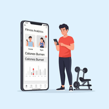 Vector illustration of a young man in sports clothing using a smartphone beside a large mobile device showing a fitness app with calorie tracking data, charts, and gym workout statistics.