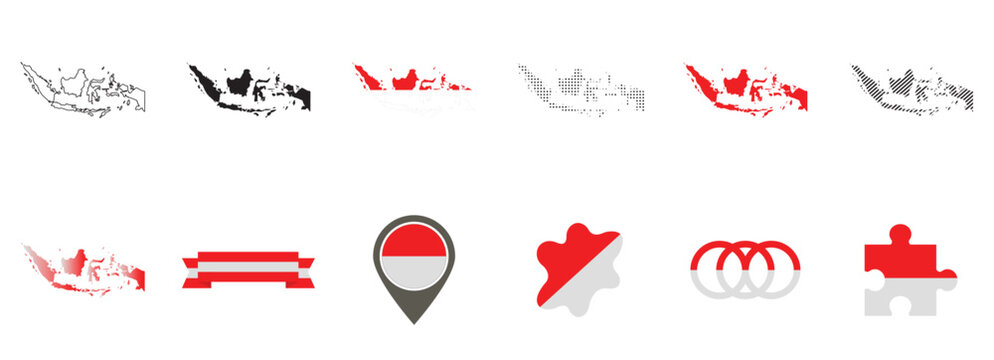 Indonesia Map Icon Set with Flag Colors Outline Silhouette Dotted and Striped Vector Collection
