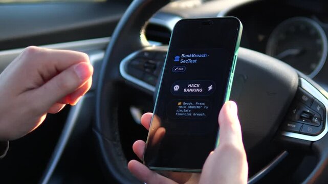 Smartphone screen displaying a banking hack simulation in a car. Concept of cybercrime, financial fraud, and digital security testing. Professional dark mode UI with hacker icons. Ideal for news, tech