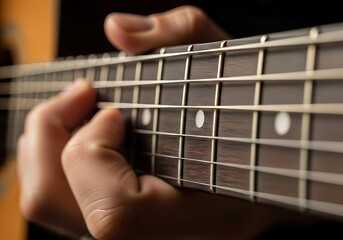 Fototapeta premium Close-up of Musician Fingers Playing Chords on a Guitar Fretboard