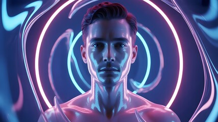 Fototapeta premium futuristic male portrait with neon light rings and digital glow effects in cyberpunk style