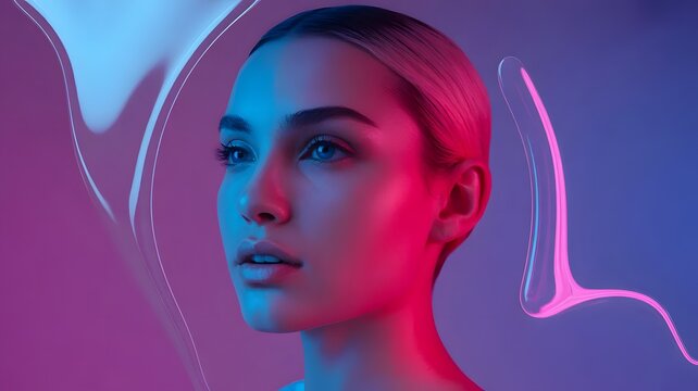 young woman with futuristic neon cyberpunk visor and glowing digital interface in pink blue lighting