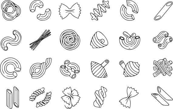 Assorted dry pasta shapes and noodles vector icons with bow tie spaghetti macaroni farfalle