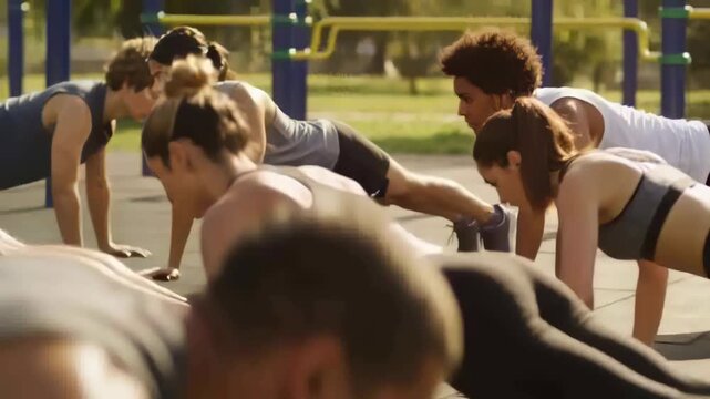 After trainer cue, group performing push-ups at park by metal bars, in sportswear for fitness