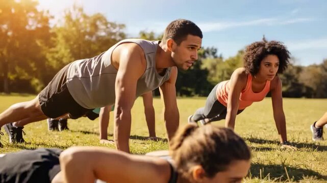 Performing three adults doing push-ups and planks on grass at park, wearing sport gear for fitness