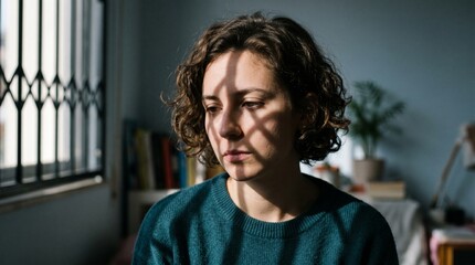 Fototapeta premium A woman sits thoughtfully near a window, bathed in the soft glow of natural light. the delicate play of light and shadow