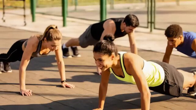 Starting four adults holding plank, doing push-ups on rubber mat, training in athletic wear