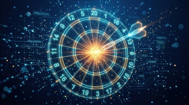 Digital wireframe dartboard with glowing arrow in bullseye, business targeting, goals, precision, and strategy concept on dark blue background with light particles, polished realistic finish, no logos