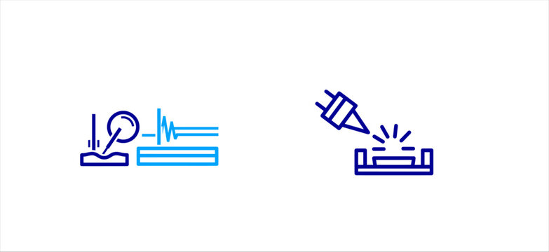 Industrial monitoring and welding technology outline icons set. earthquake sensor, seismic waves, vibration analysis, welding torch, metal work, fabrication process