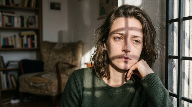 Contemplative woman near window: A woman sits thoughtfully near a window, bathed in the soft glow of natural light. the delicate play of light and shadow, casting a subtle pattern on her face.
