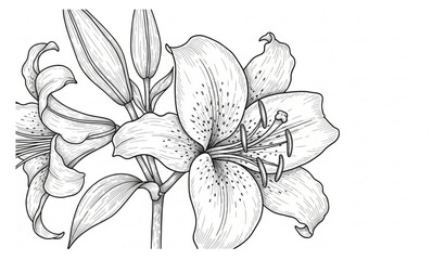 A hand-drawn botanical vector illustration of a lily flower with expressive ink-style linework and natural sketch texture. The composition shows a slightly open bloom with visible inner structure, gra © MDSUJON
