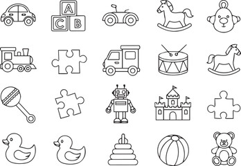 Fototapeta premium Collection of hand drawn icons featuring various classic toys and playthings childhood children