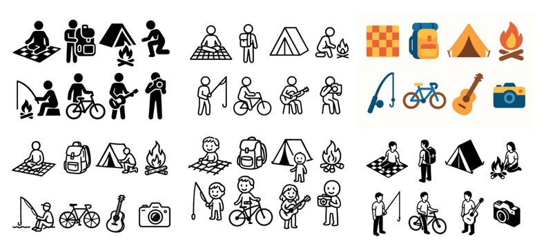 Outdoor camping icons with tent guitar people flat minimal