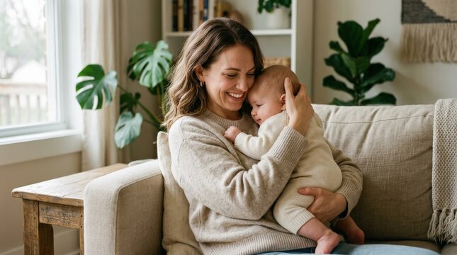 Happy mother holding baby close, loving family bond and parenting concept, tender embrace, soft natural light, realistic lifestyle portrait, no logos