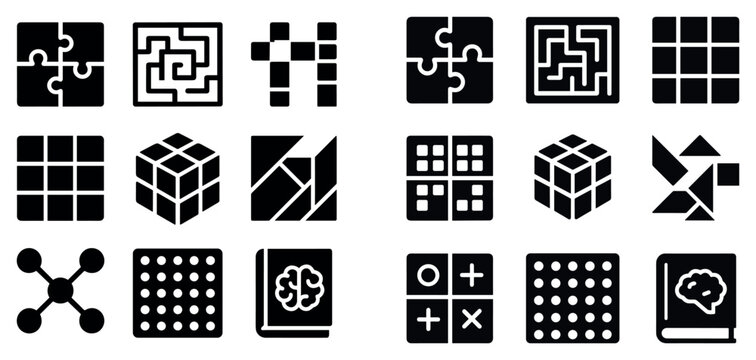 Puzzle icons with maze cube grid minimal black