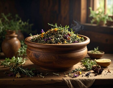 Bowl of dried herbs and spices with floral accents