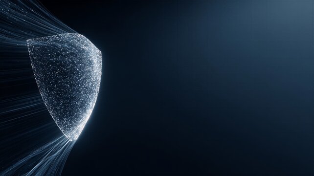 Cyber security glowing shield with digital particle data streams on dark background for network protection and data privacy concept