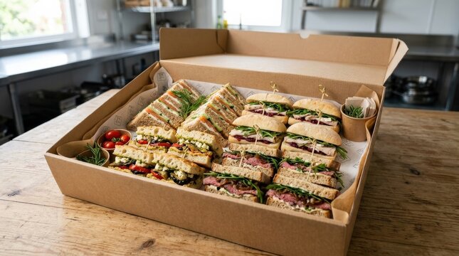 A neatly arranged sandwich platter inside a catering delivery box, crisp details and bright natural light in a polished commercial food photography setup, ultra-realistic, no logos.