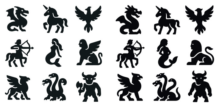 Mythical icons with dragon unicorn and phoenix bold