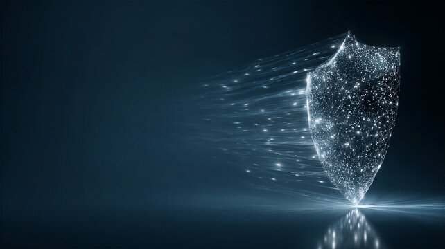 Futuristic digital shield made of glowing network nodes and lines representing blockchain security and decentralized data protection