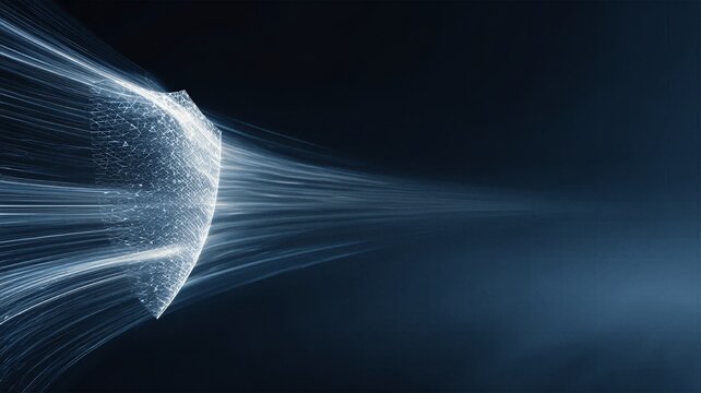 Cybersecurity digital shield defending against data stream attacks with glowing particle effect and motion blur on dark technological background