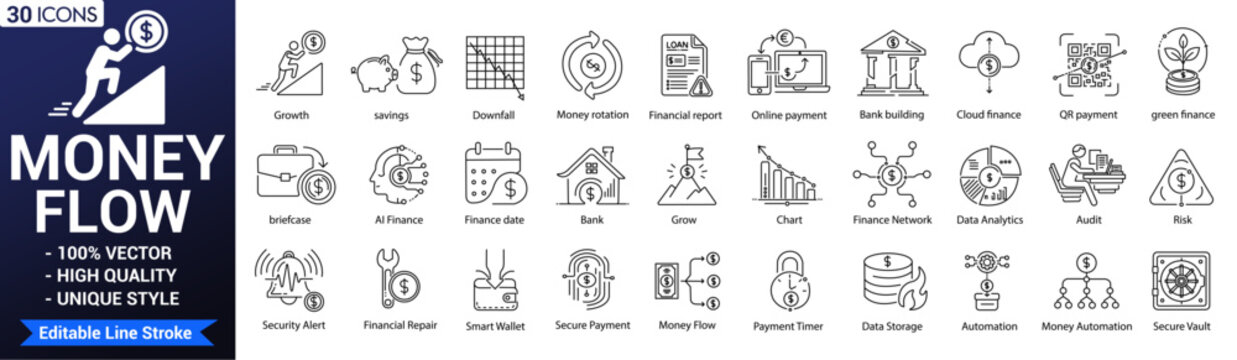 Money flow finance line icons set. Editable outline vector banking, payment, investment, business, wallet and more collection. Vector illustrator.