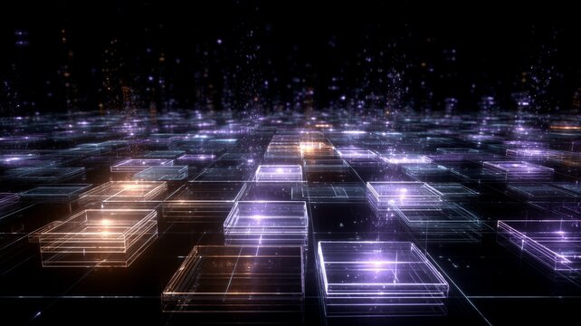 Abstract digital floor with glowing purple and orange glass tiles representing database storage and decentralized cloud computing network