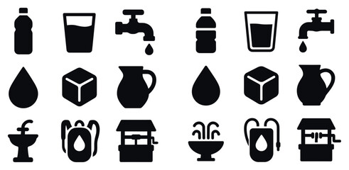Water icons with bottle glass and tap minimal solid