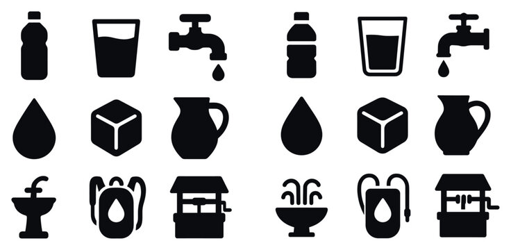 Water icons with bottle glass and tap minimal solid