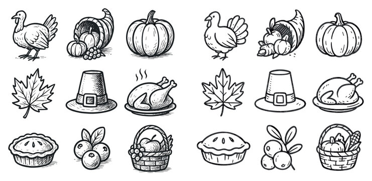Thanksgiving icons with turkey pumpkin pie sketch