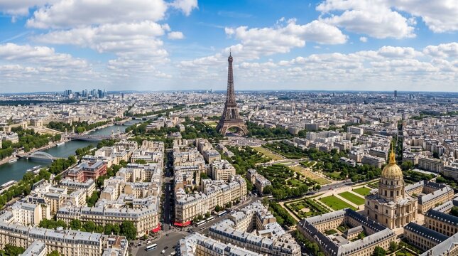Aerial view of Paris cityscape with Eiffel Tower and Seine River on a sunny day