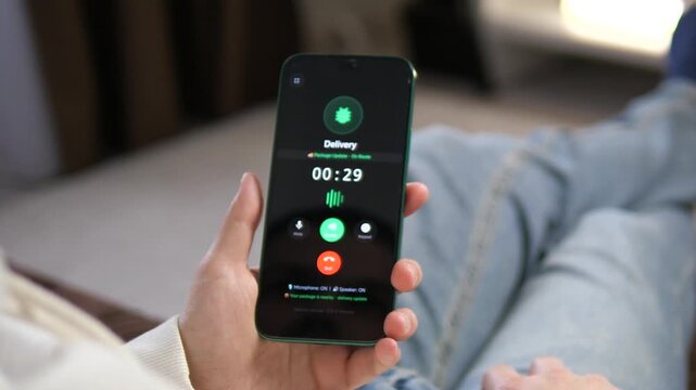 Man at home contacting a delivery service via smartphone. High-quality UI showing active call and package tracking status. Perfect for logistics, e-commerce, and modern lifestyle videos. Boost your
