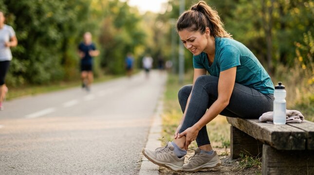 Woman experiencing ankle pain or injury, fitness strain and healthcare concept, close-up of discomfort outdoors, active lifestyle problem, realistic detail, no logos